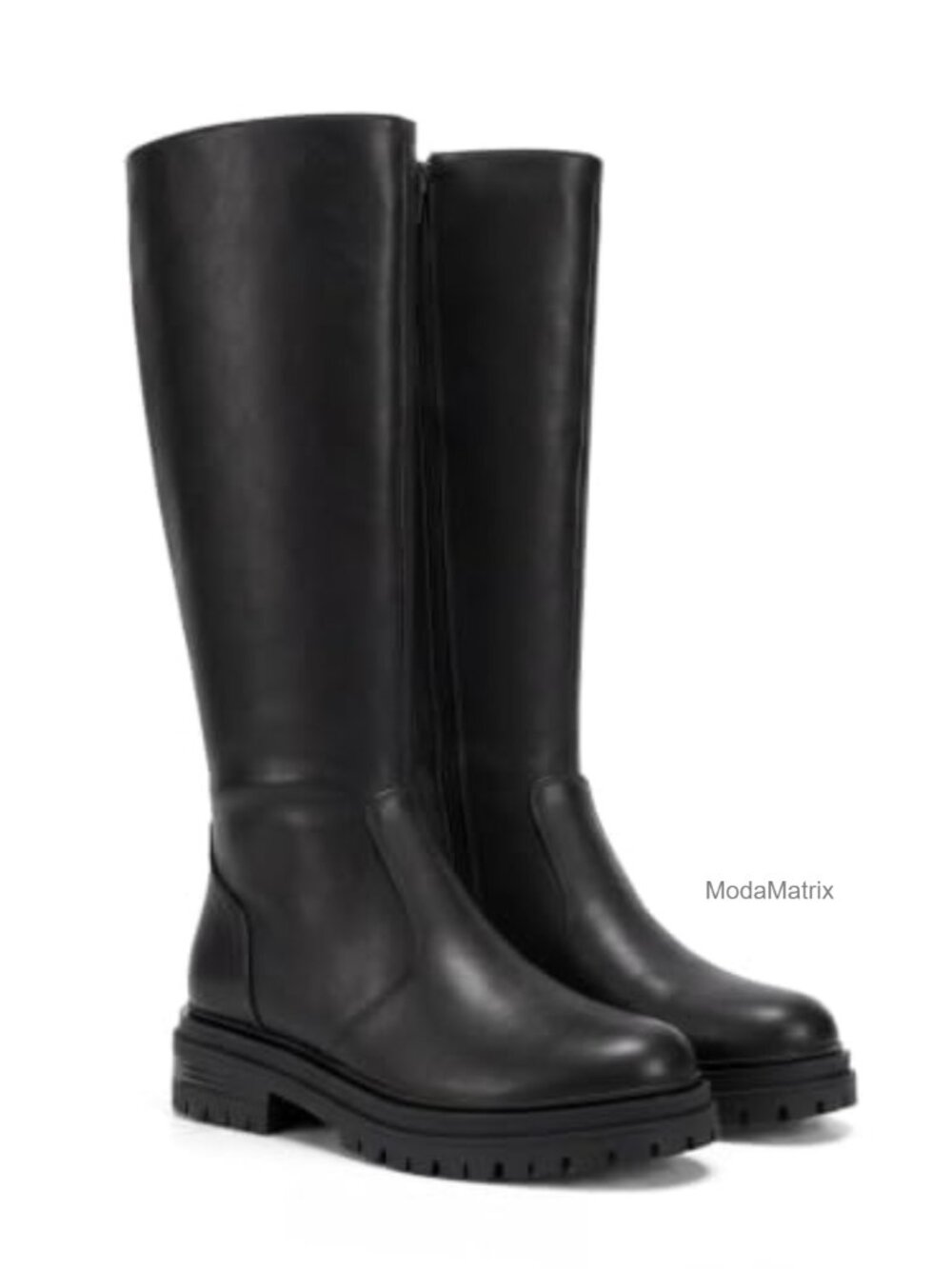 Faux Leather Knee High Platform Boots Chunky Low Heel Lug Sole Zip